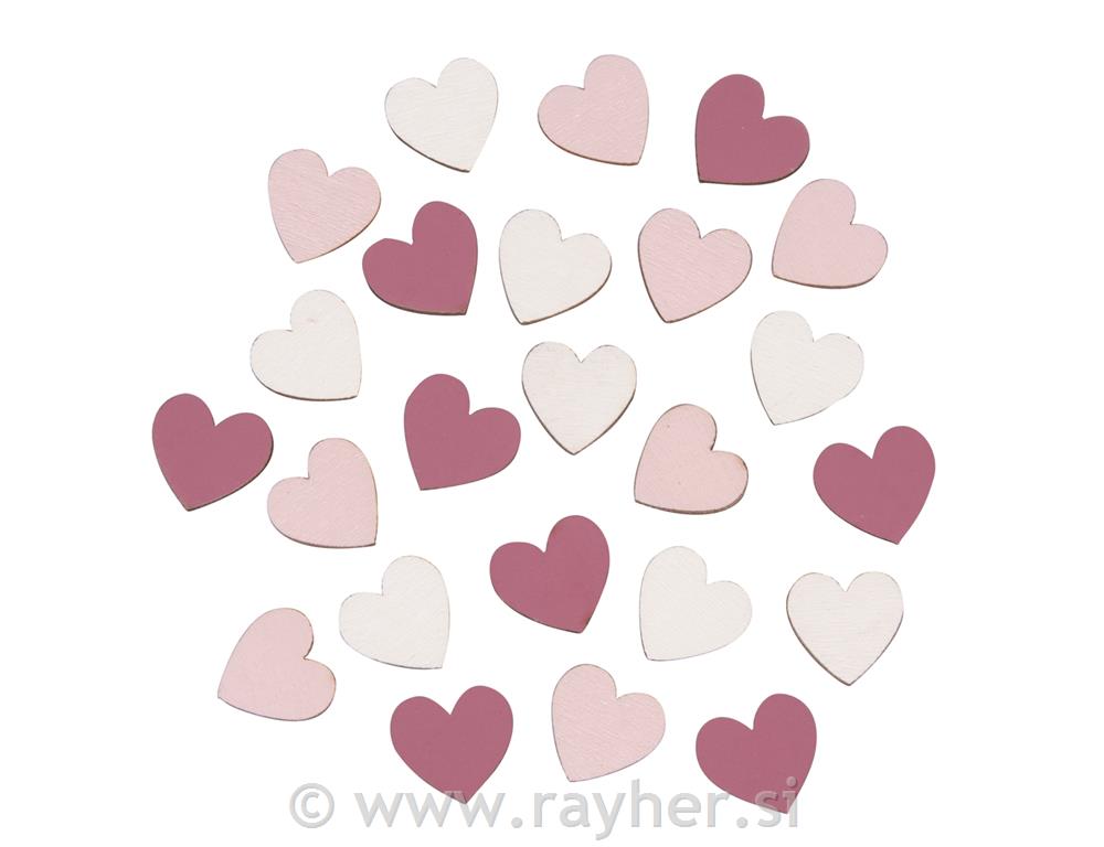 MDF objects Little hearts, 1.6cm o 3 colours, tab-bag 24pcs