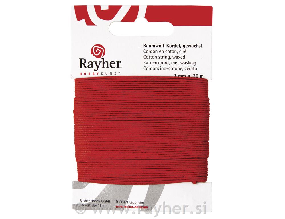 Cotton cord, waxed, red, 1 mm, tab-card